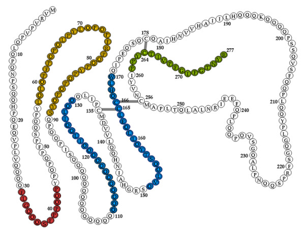 Gliadin mit hervorgehobenen Struktur-Motiven 