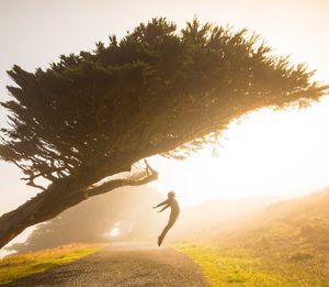 Ein Mensch, der der Sonne entgegenhüpft